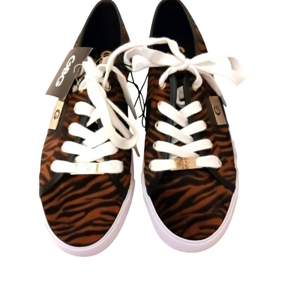 NEW! GUESS Tiger Animal Print Sneakers Womens 8 Brown Velour Avant Garde Glam - Picture 6 of 16